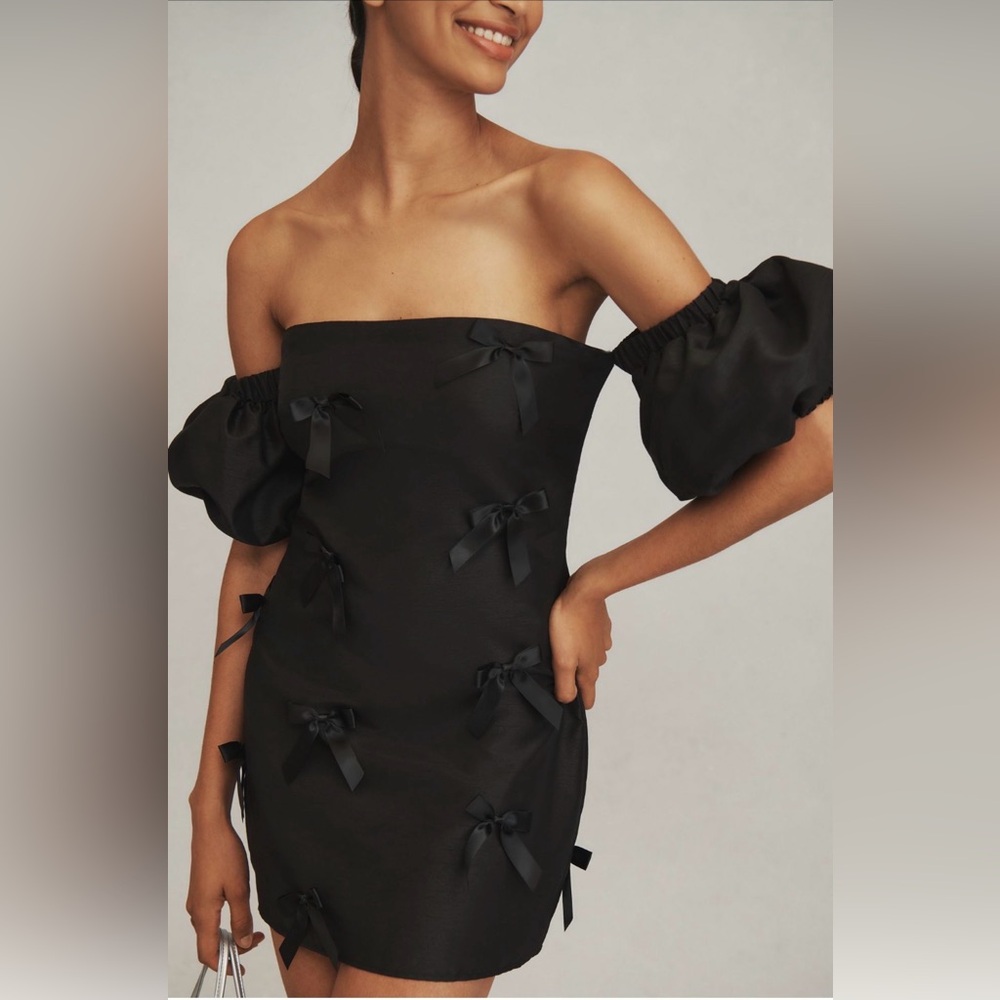 Anthropologie Off The Shoulder Black Puff Sleeve Mini Bow Dress